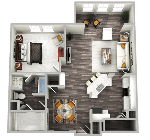 Floor plan for 1 bed, 1 bath, 1008 sqft